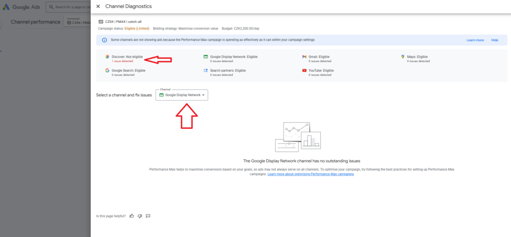 Screenshot 2026-08-17 162518 Performance Max dostal diagnostiku kanálov - channel diagnostics - google ads reklama